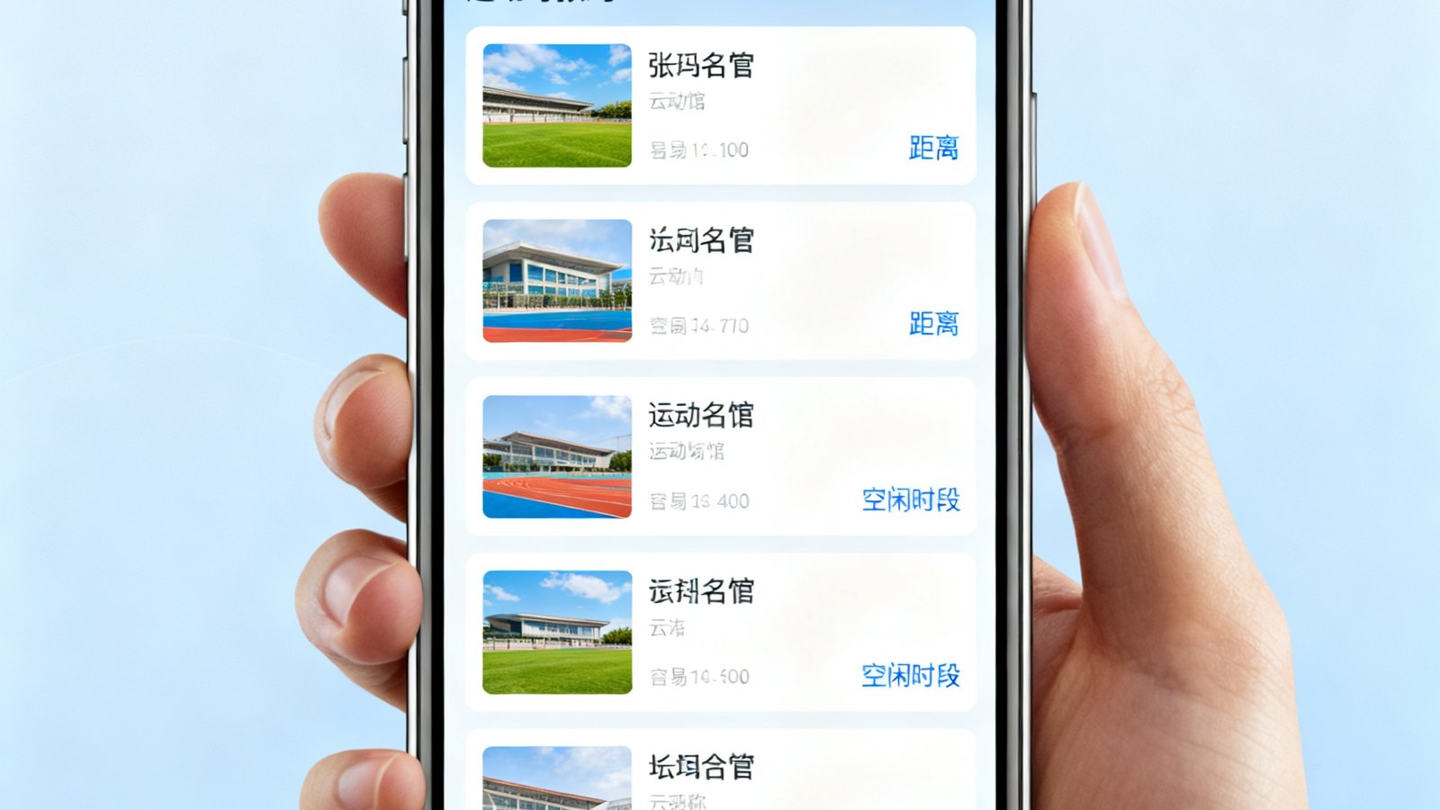 zoty体育手机小程序界面展示附近可预约的运动场馆列表，界面简洁直观，标注了距离和空闲时段
